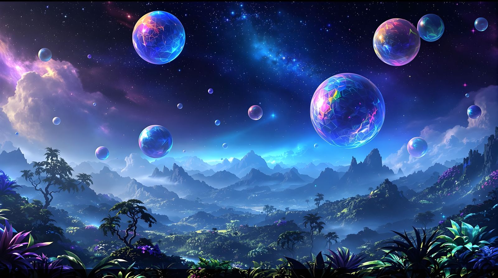 Surreal Cosmoscape with Glowing Orbs and Galaxies