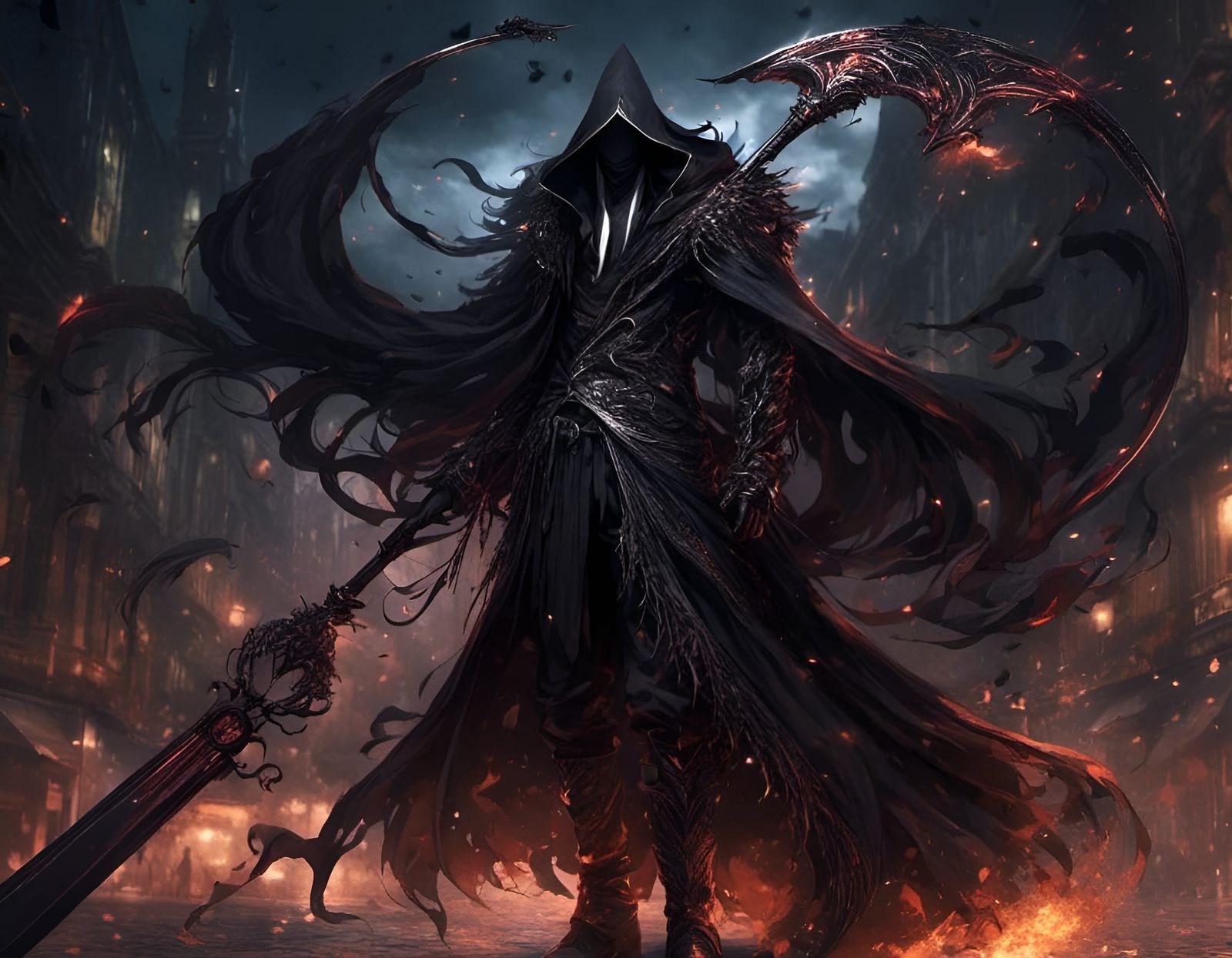 Powerful Sorcerer with Scythe in Witchy Clothes