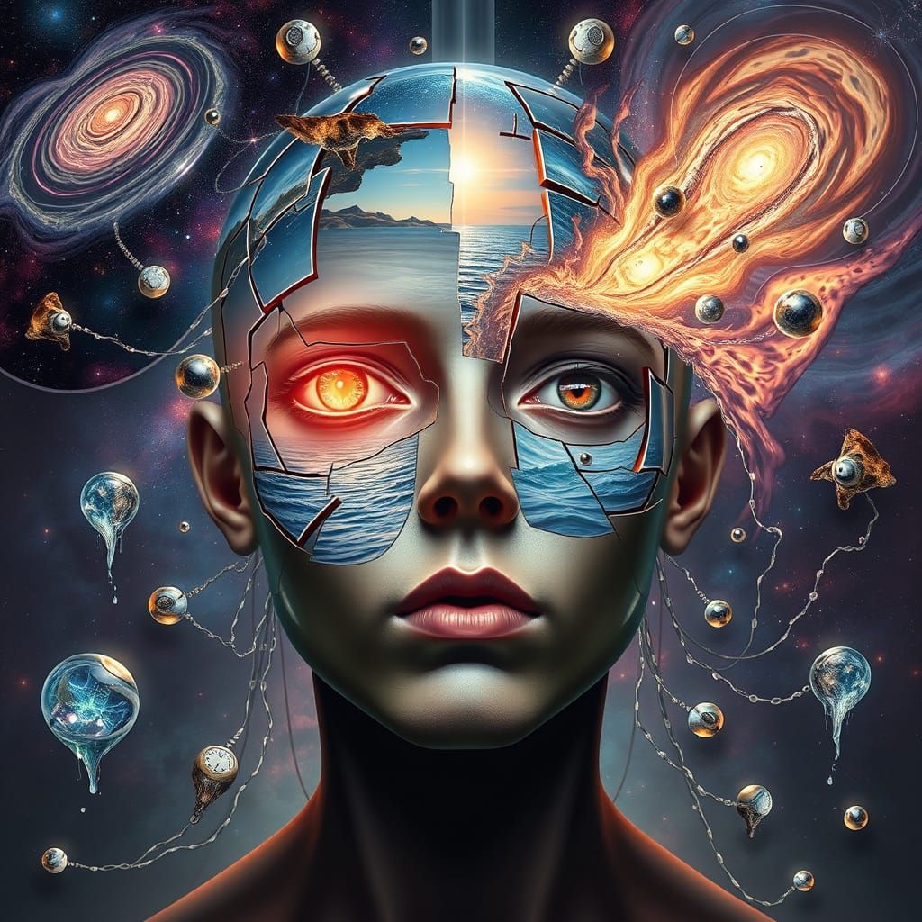 Surreal Cosmic Portrait with Mirror Fragments