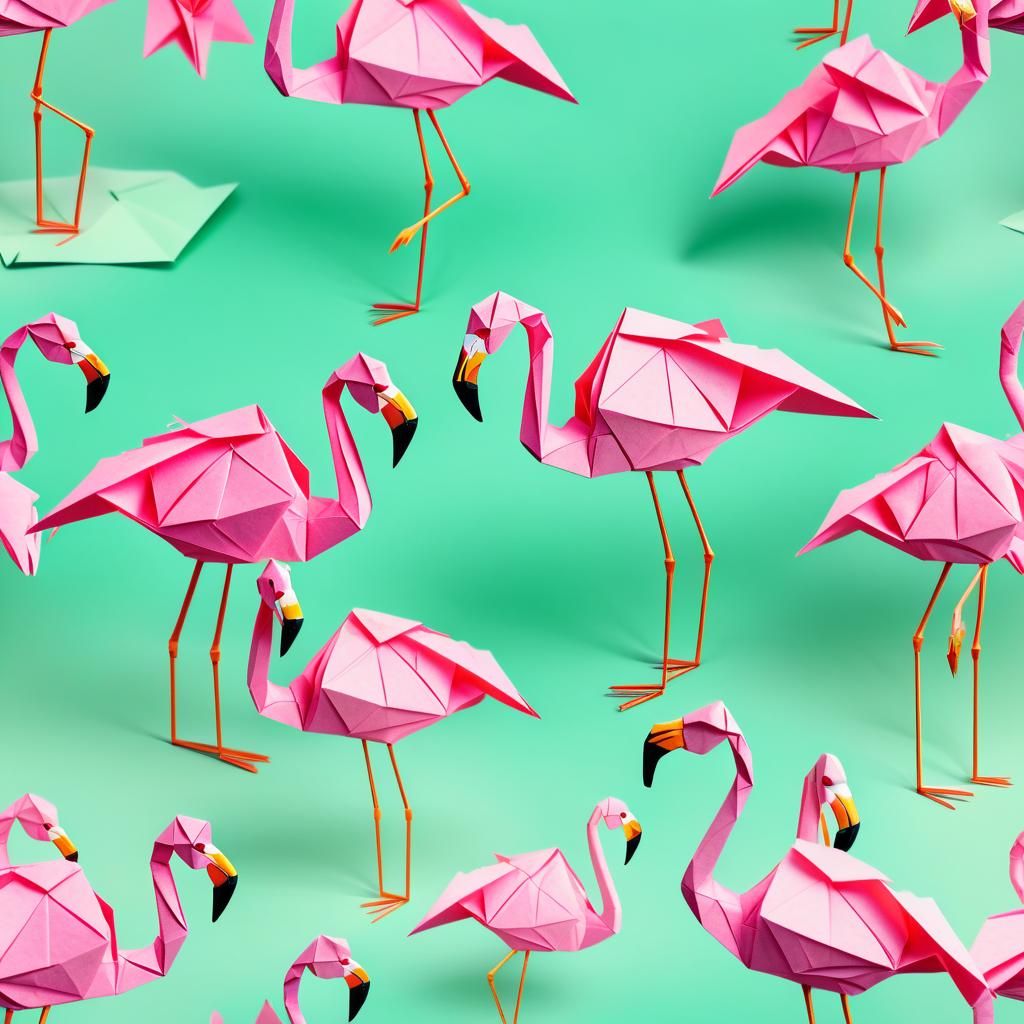 Pink Origami Flamingos in Whimsical Digital Art