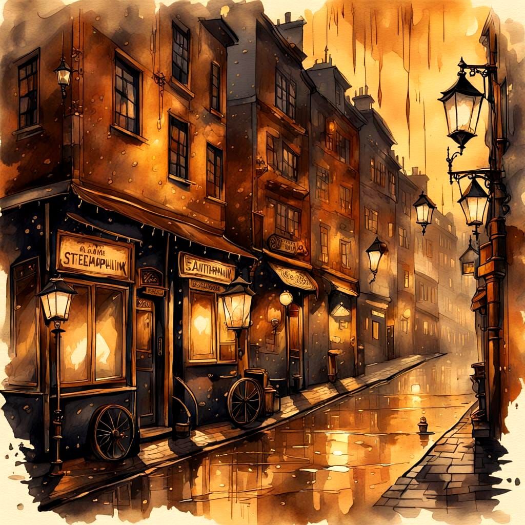 Rainy Day Street Scene in Steampunk Ink Painting