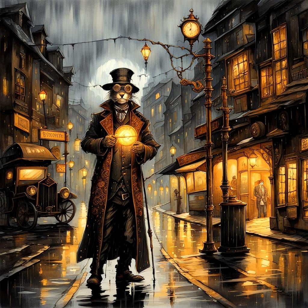 Rainy Steampunk Street Scene in Ink Painting Style
