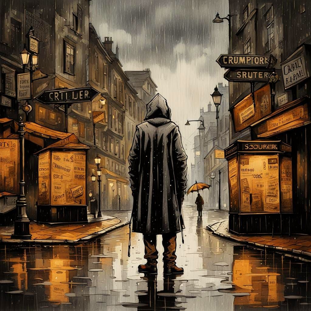 Rainy Steampunk Street Scene in Ink Painting Style