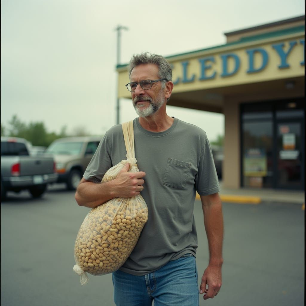 Man Leaving Pet Store with Peanuts