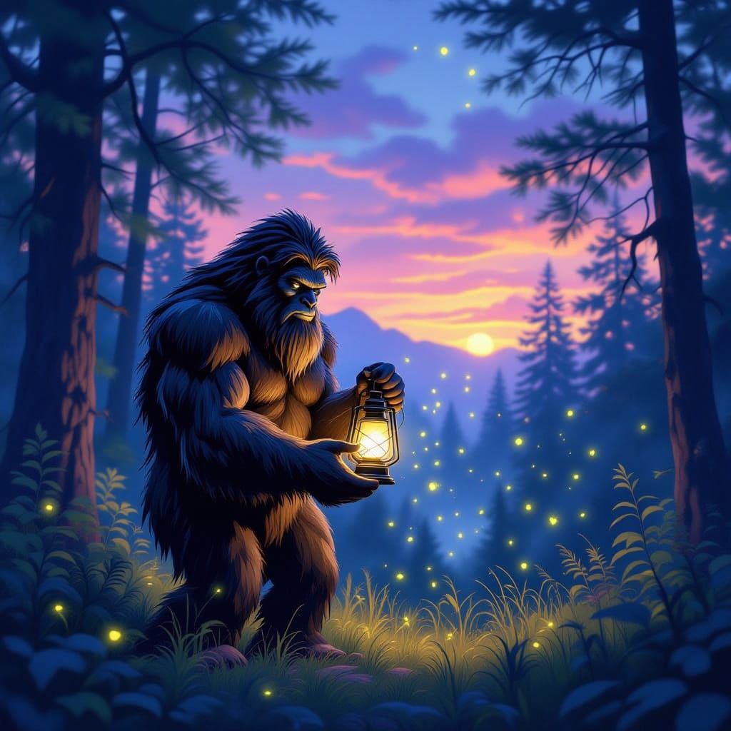 Bigfoot with Lantern Watches Fireflies in Twilight Forest