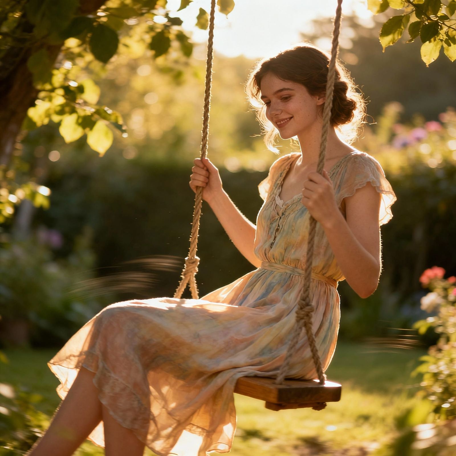 Beautiful Woman in Summer Dress on Garden Swing