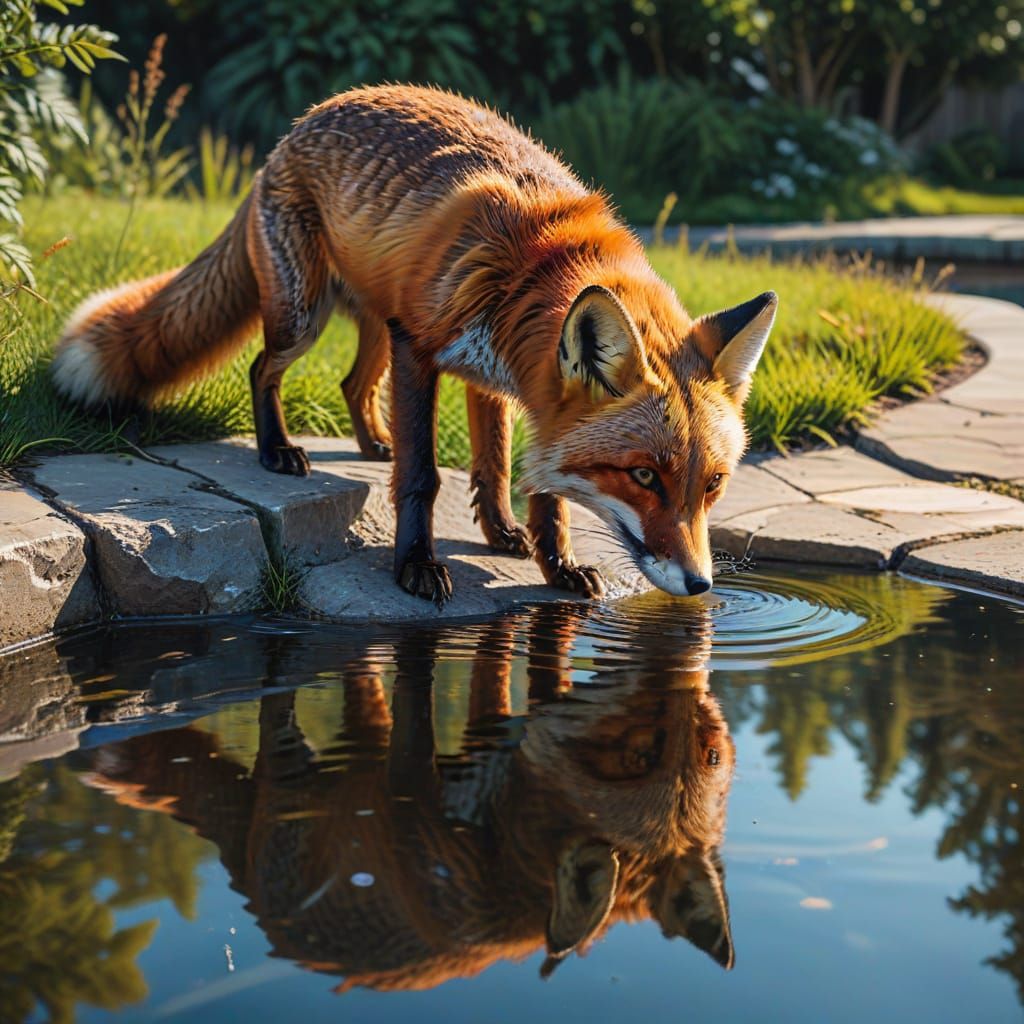 Fox Drinking from Pool as Oil Painting