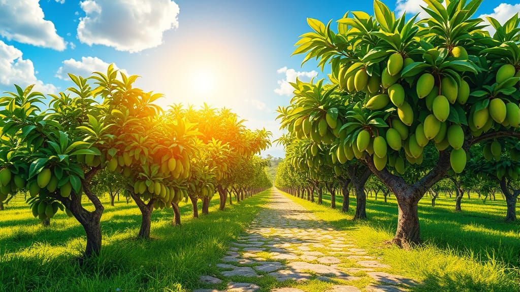Sunlit Mango Orchard in Digital Painting Style