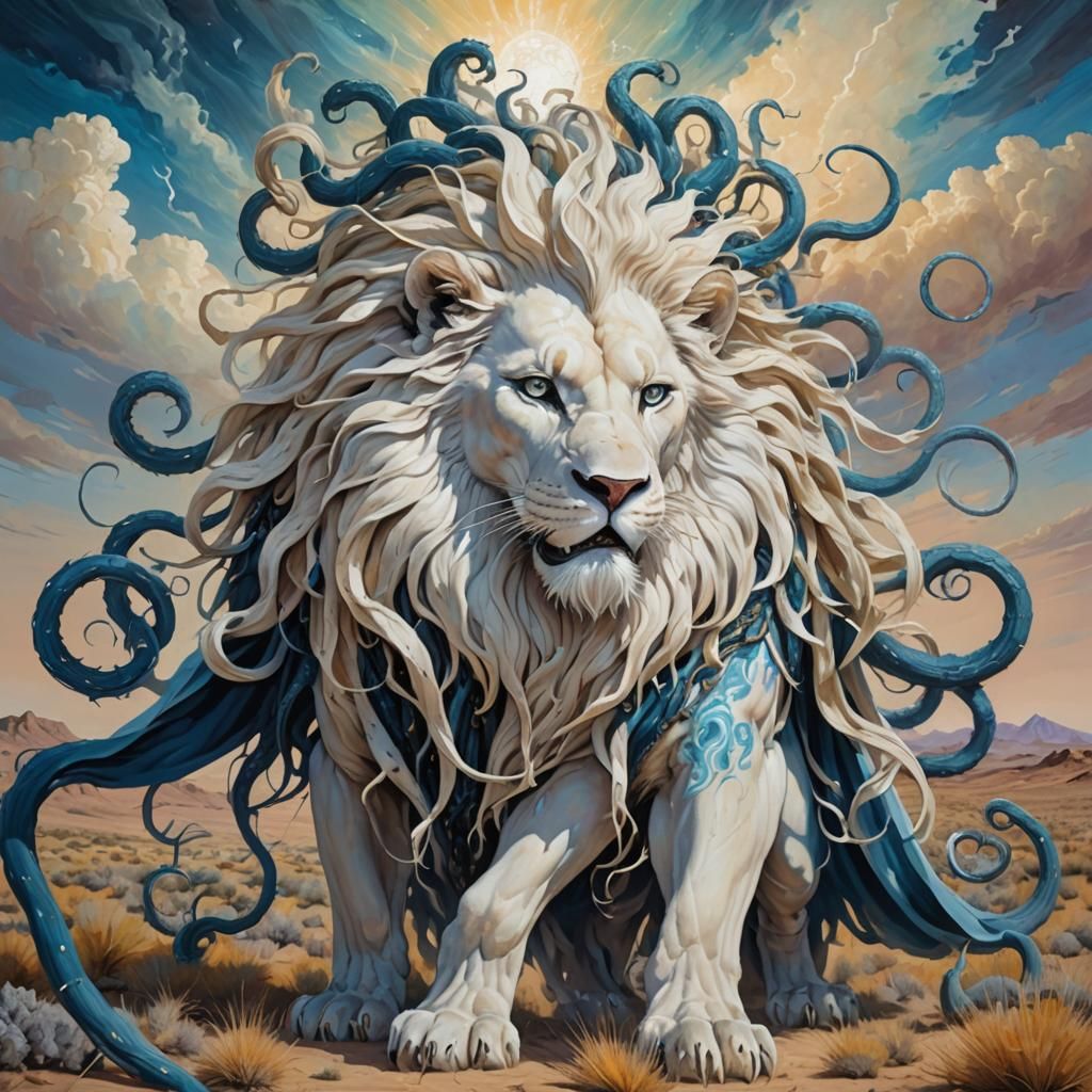 Enormous Lion God Roaring in Desert Grassland