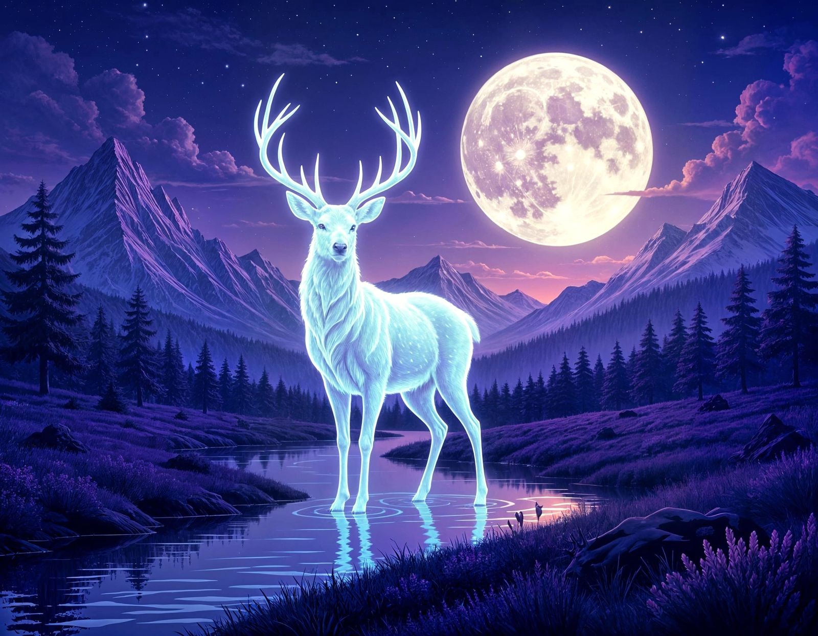 Majestic Ghost White Deer in Detailed Cosmic Landscape