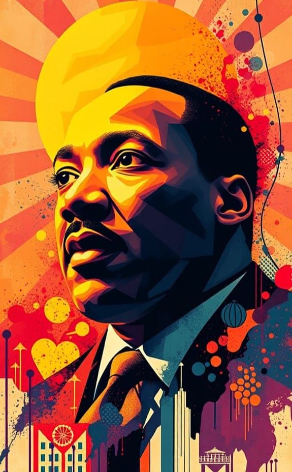 Civil Rights Leader's Fiery Oath in Vibrant Geometric Abstra...