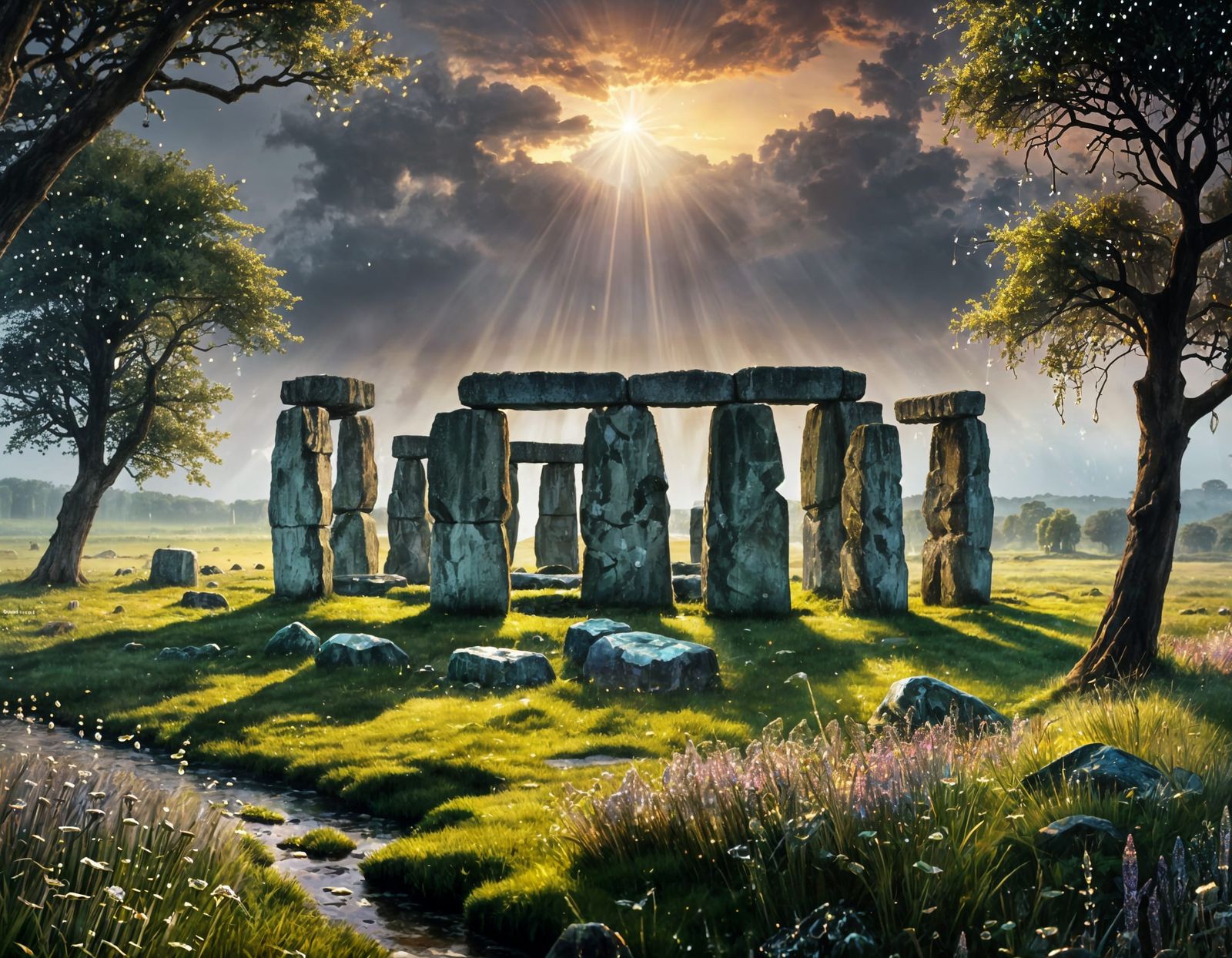 Stonehenge in Moody Oil Painting with Dew Drops