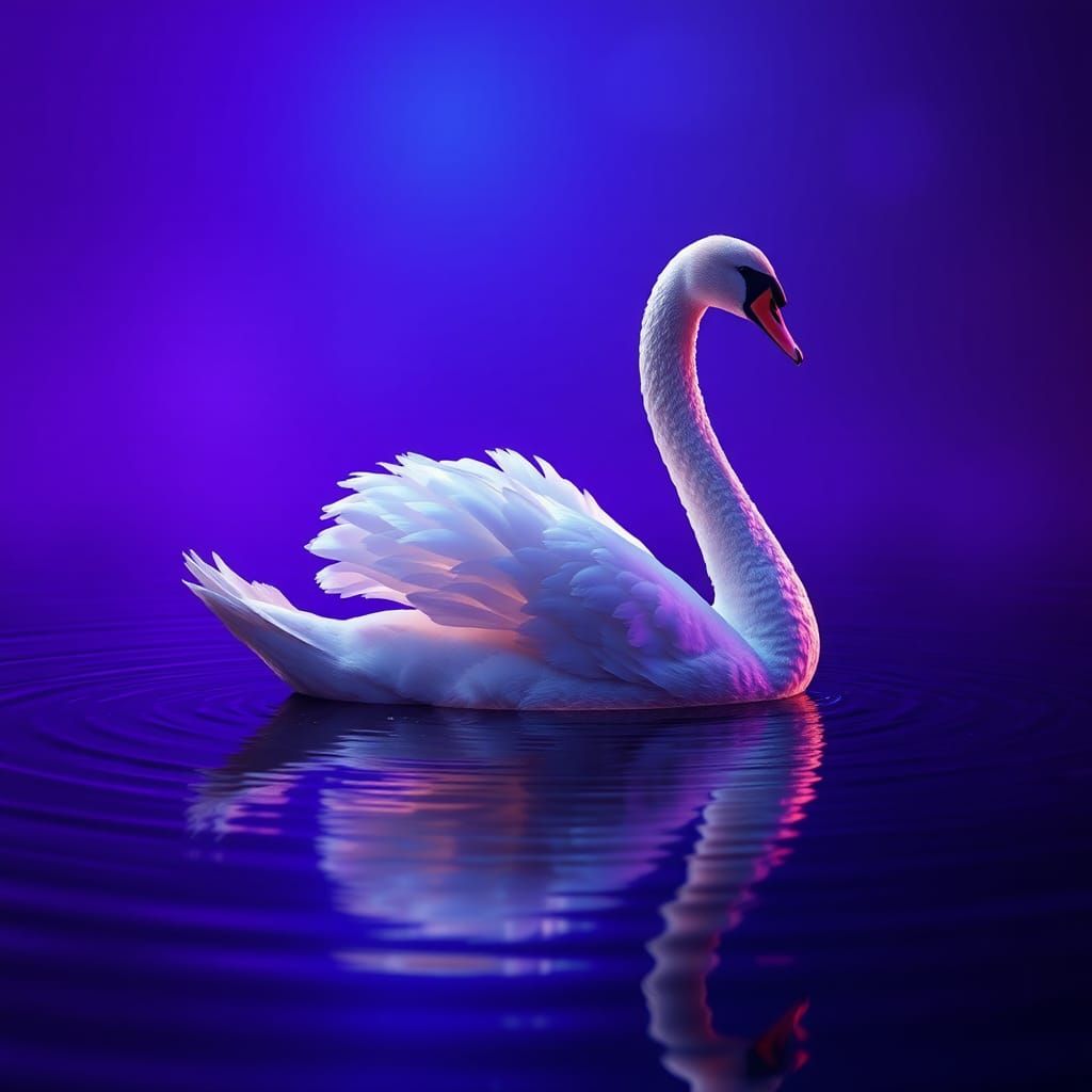 Swan Gliding on Pond with Violet Neon Background