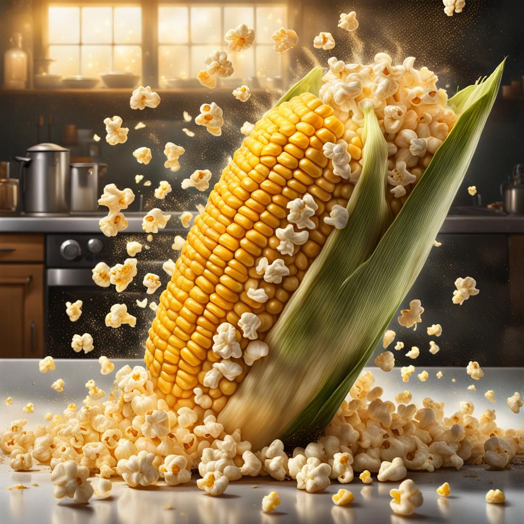 Hyperrealistic Corn Cob Exploding with Popcorn