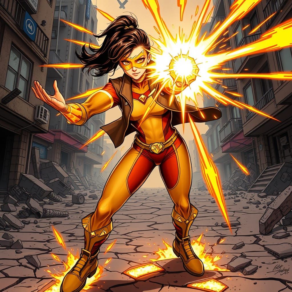 Marvel-Style Superheroine Sunstone in Epic Battle