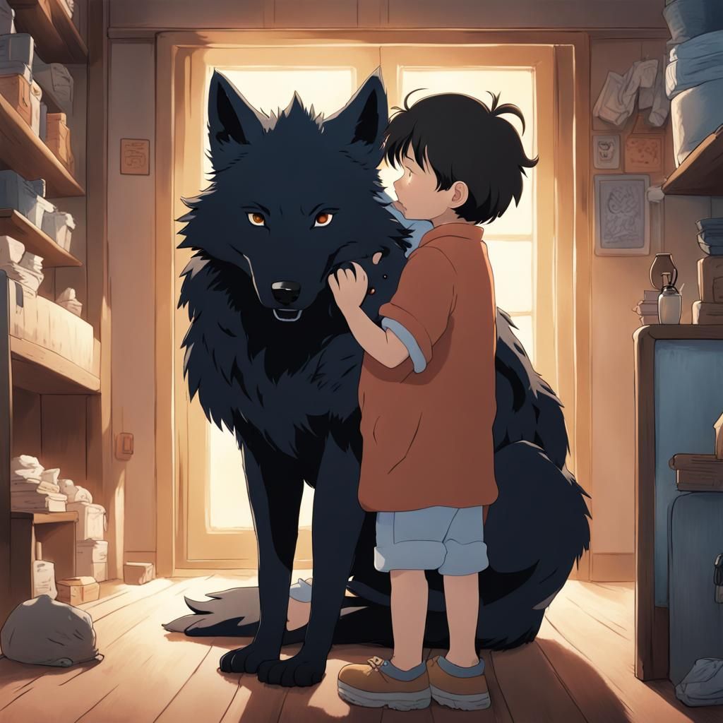 Father and Baby with Wolf Toy in Anime Style