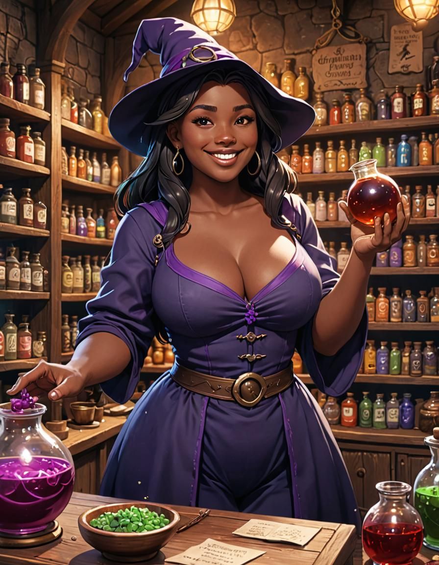 Dark Sorceress Selling Potions in Manga Anime Style