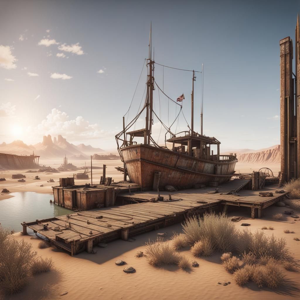 Post-Apocalyptic Boat Dock in Desert Wasteland