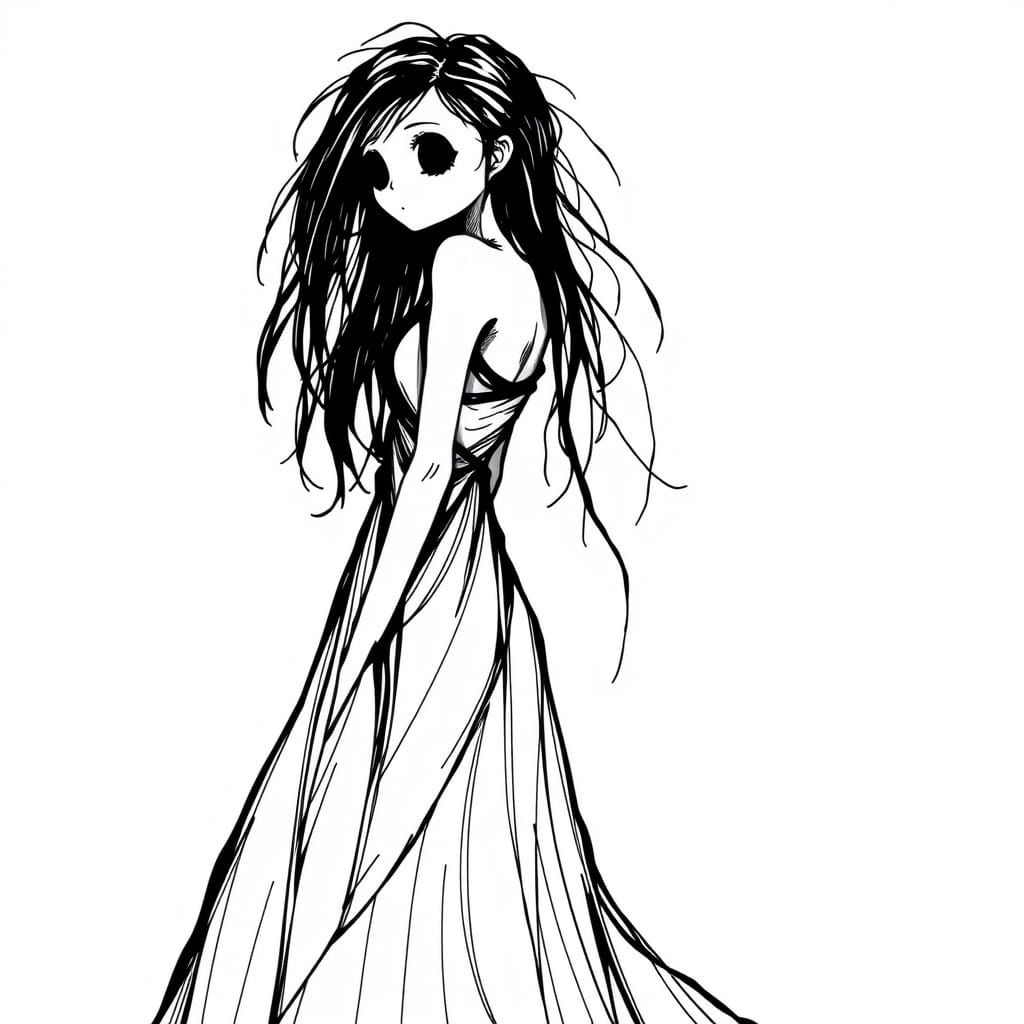 Ethereal Figure in Flowing Dress, Ink Line Art