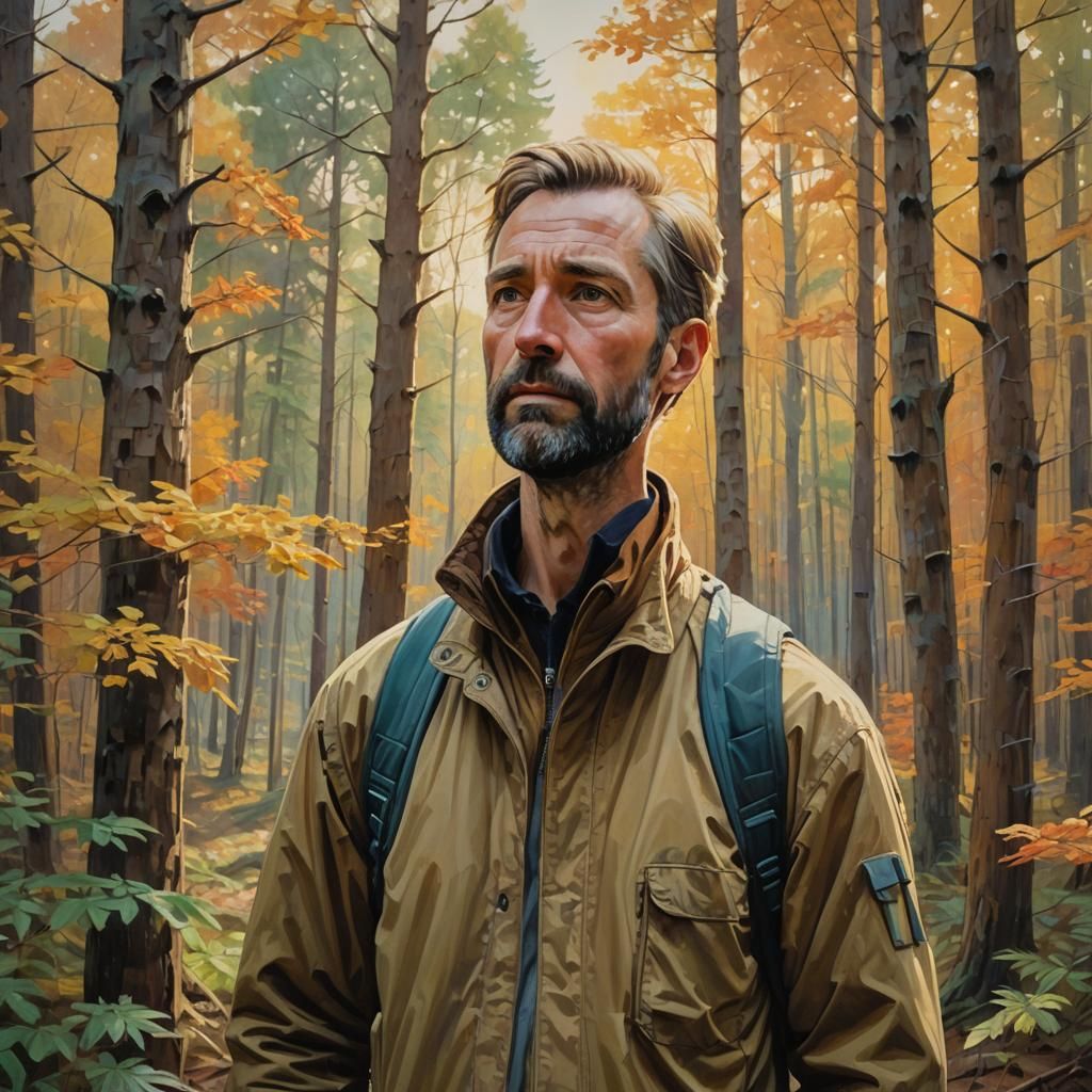 Determined Man Surveys Forest in Oil Painting