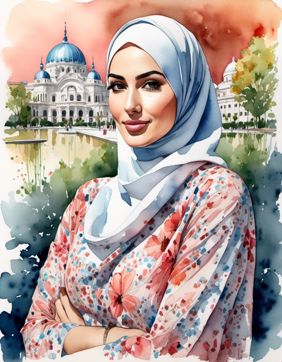 Portrait of a Hijabi Woman in Watercolor