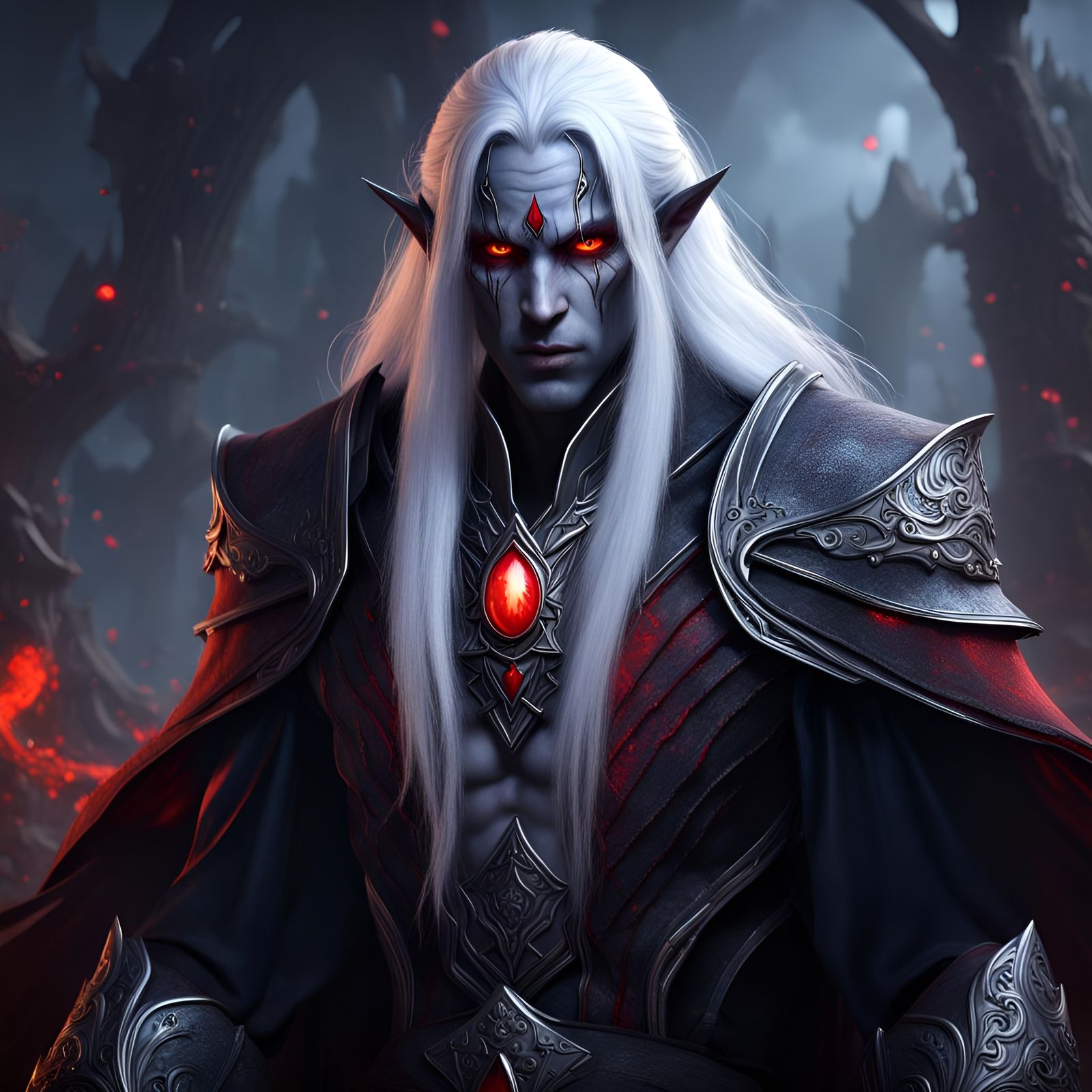Handsome Drow Sorcerer with Red Eyes, Fantasy Art