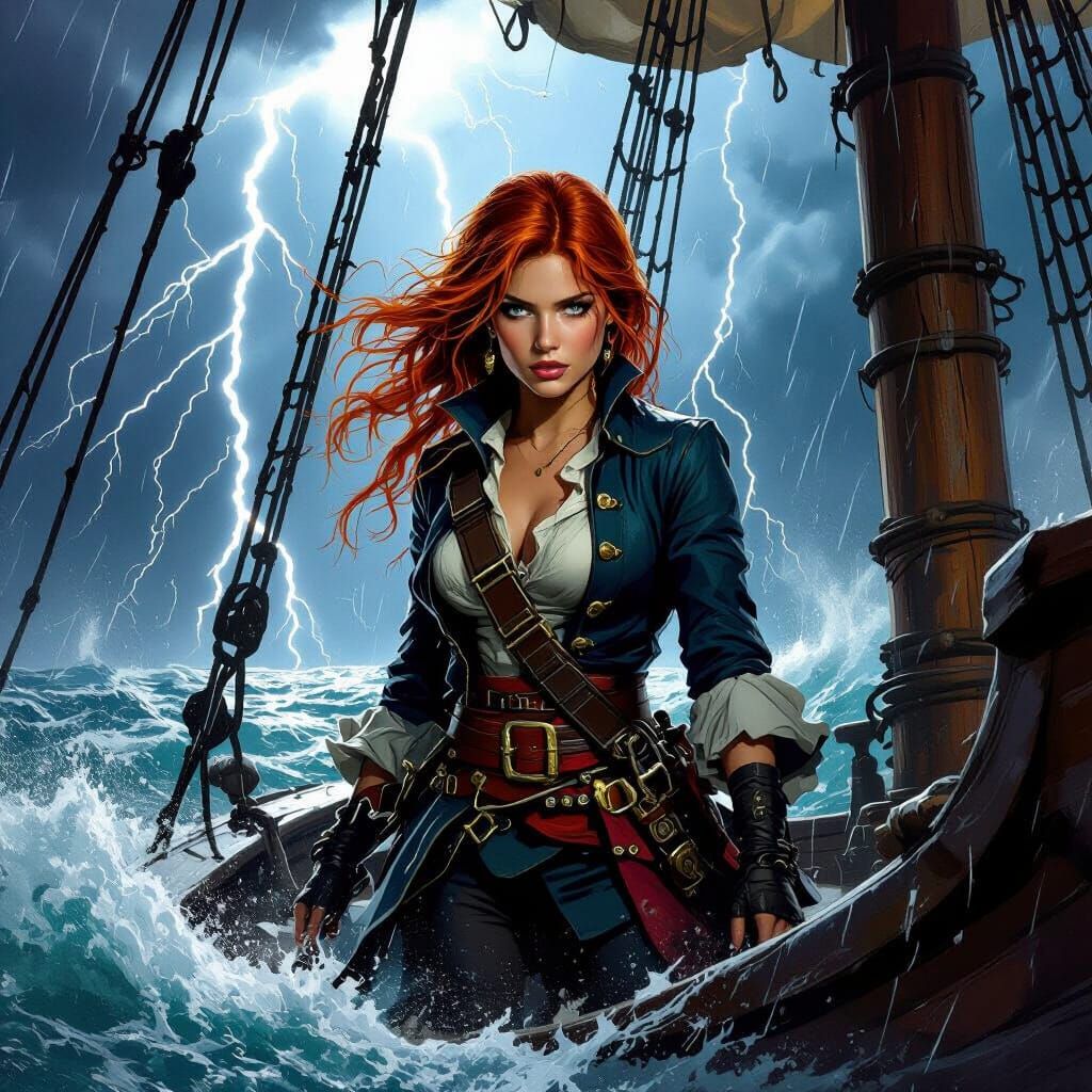 Red-Haired Woman Disguised as Pirate Captain in Storm