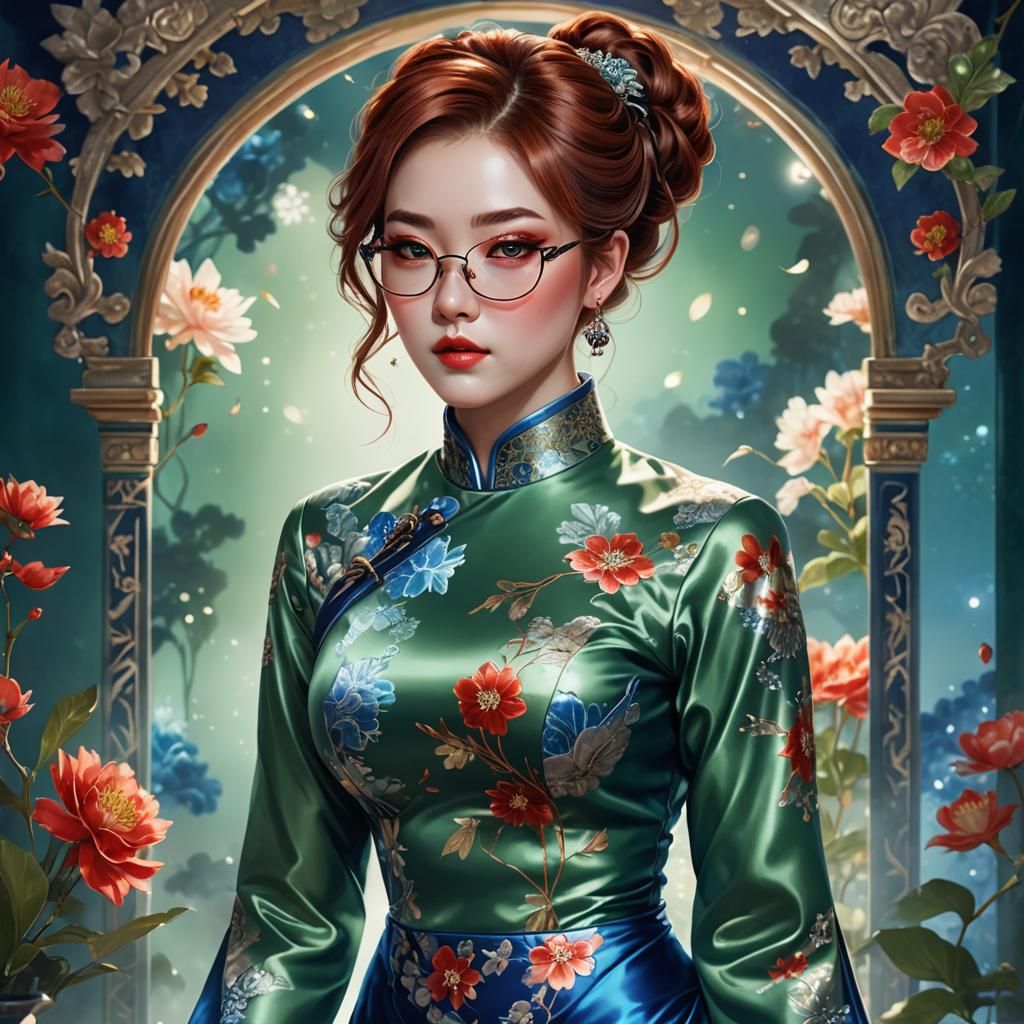 Auburn-haired Woman in Cheongsam: Science Fantasy Portrait
