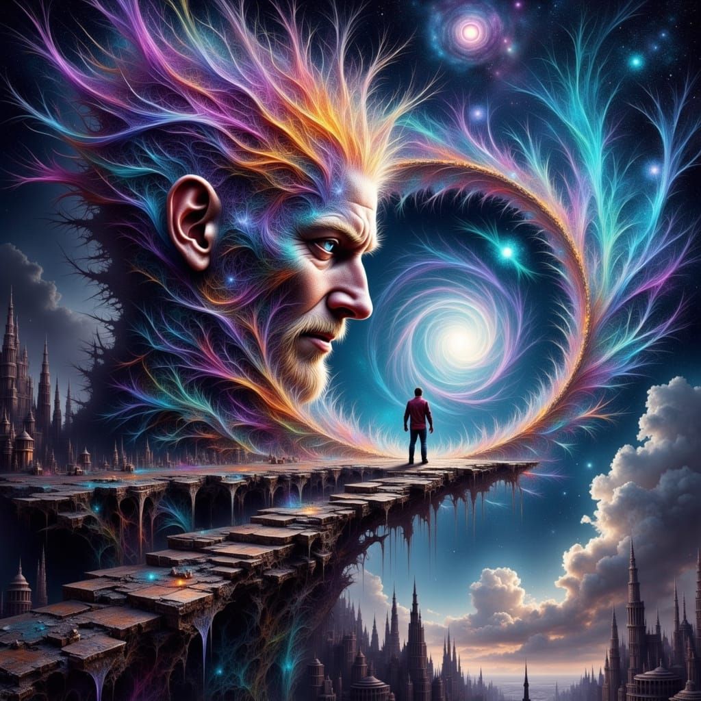 Fractal-Faced Explorer at Wormhole in Ethereal Style