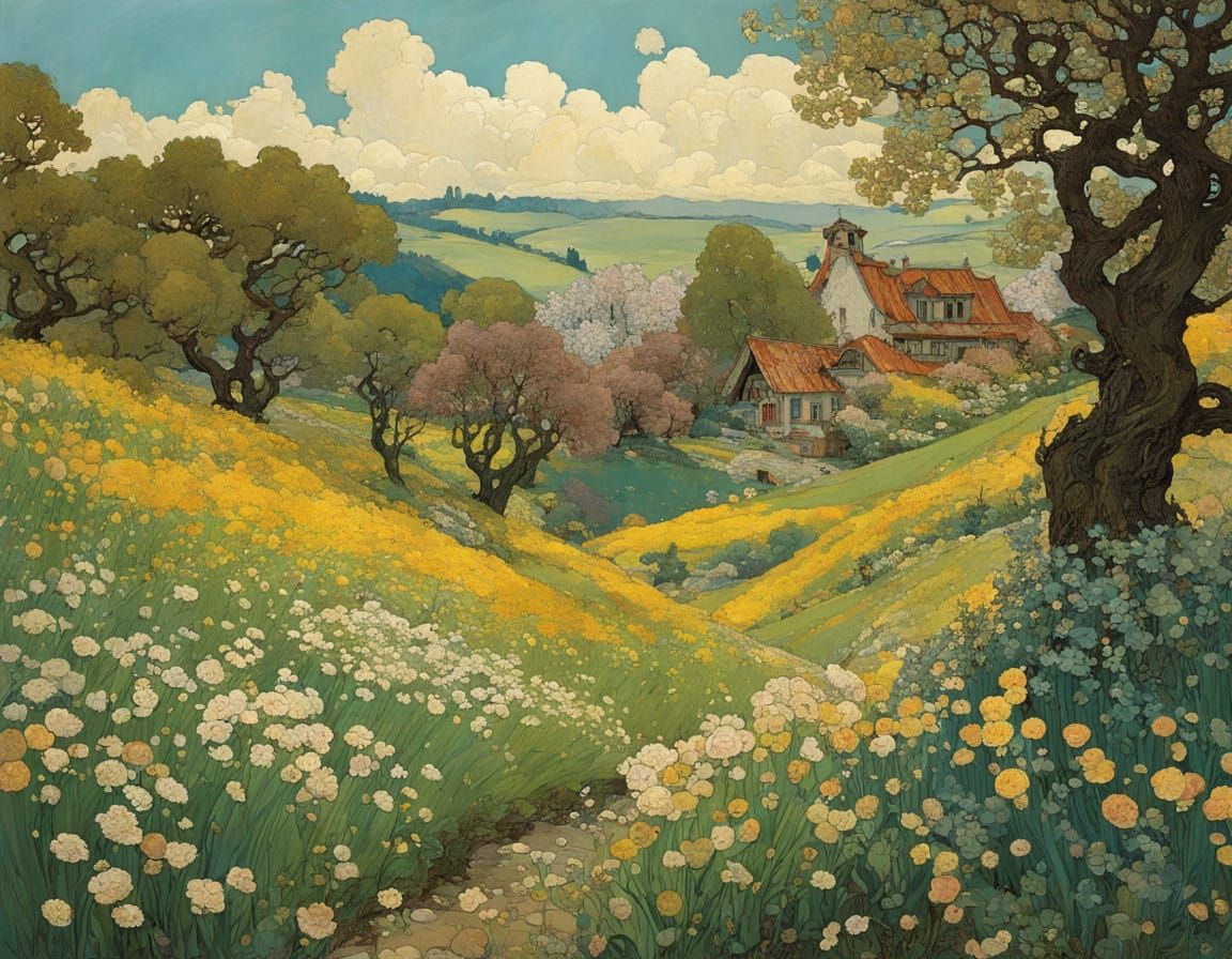 Vibrant Spring Scene in Whimsical Artistic Style