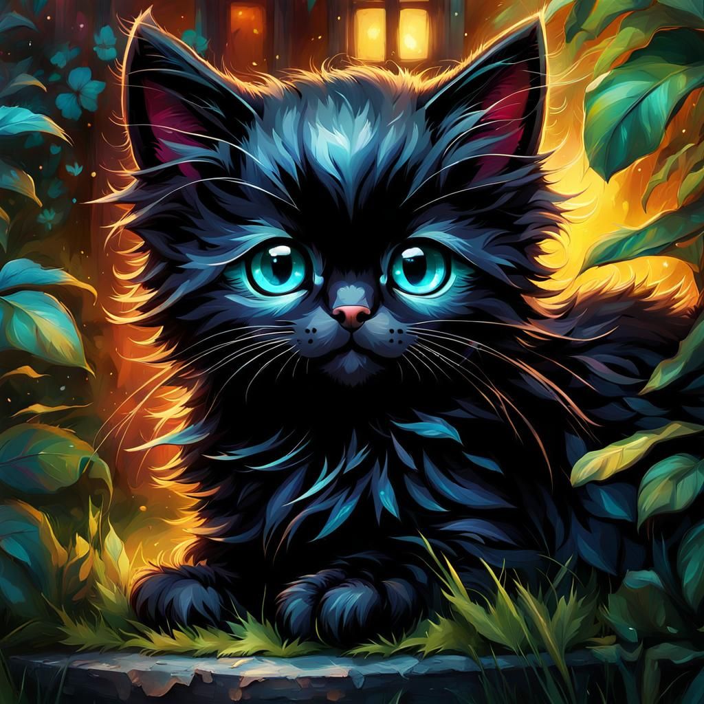 Enchanting Chibi Black Cat in Hyper-Detailed Backyard
