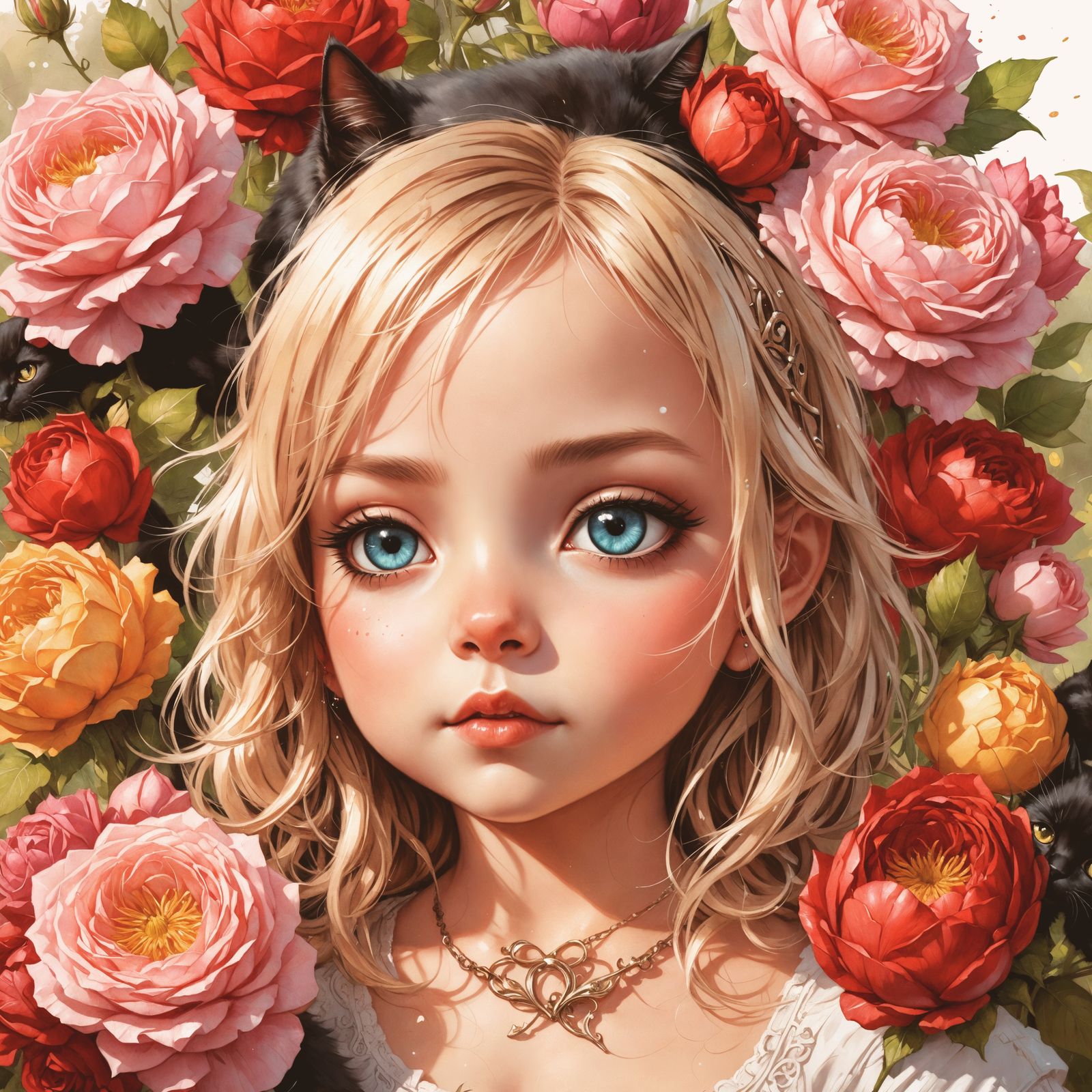 Dreamy Chibi Black Cat in Vibrant Metallic Colors