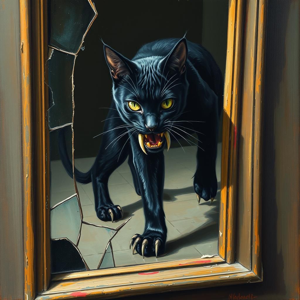 Mutant Cat Emerges from Mirror: Surreal Oil Painting