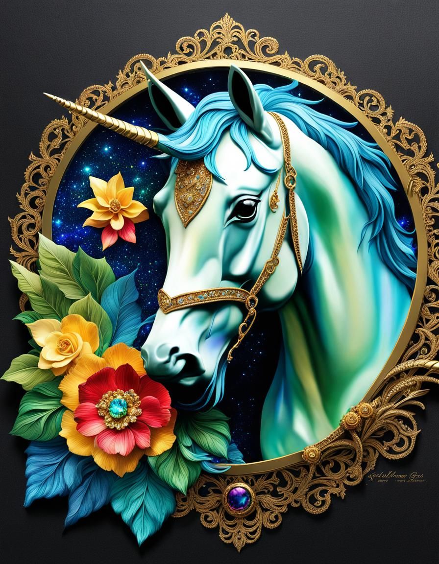 Iridescent Crystal Unicorn in Art Nouveau Style