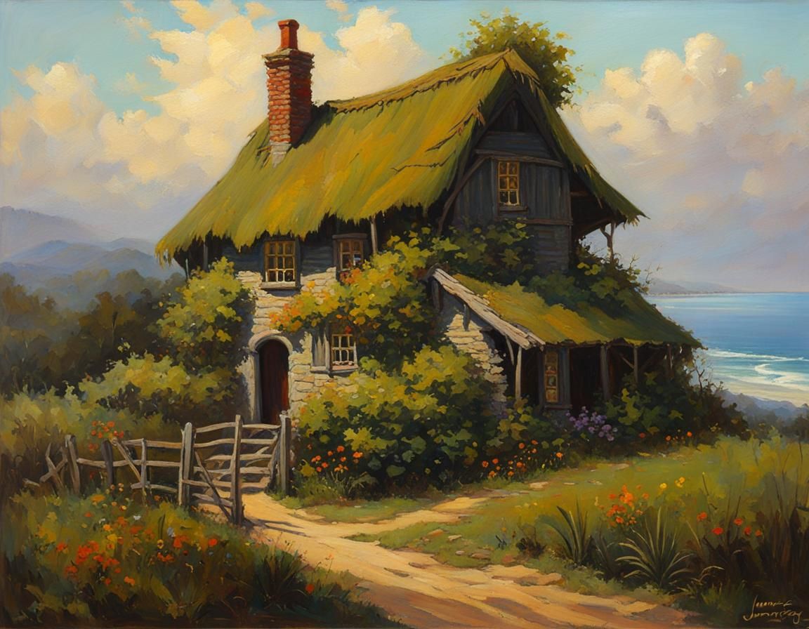 Vintage Witches Cottage by the Sea, Oil Painting