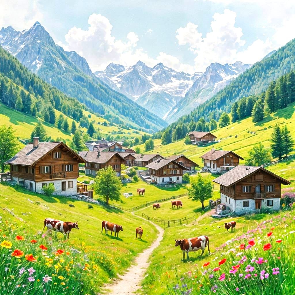 Quaint Swiss Alps Village in Watercolor