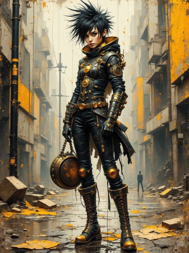 Steampunk girl in  chaotic city