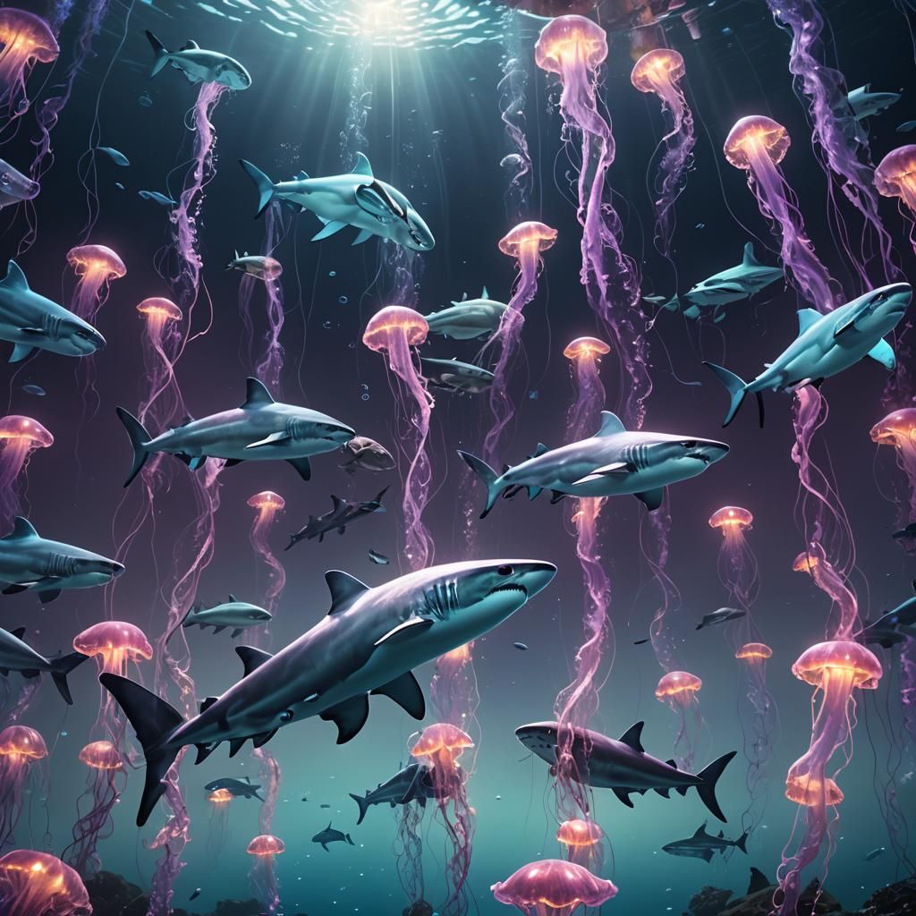Glowing Glass Sharks in Bioluminescent Ocean Scene