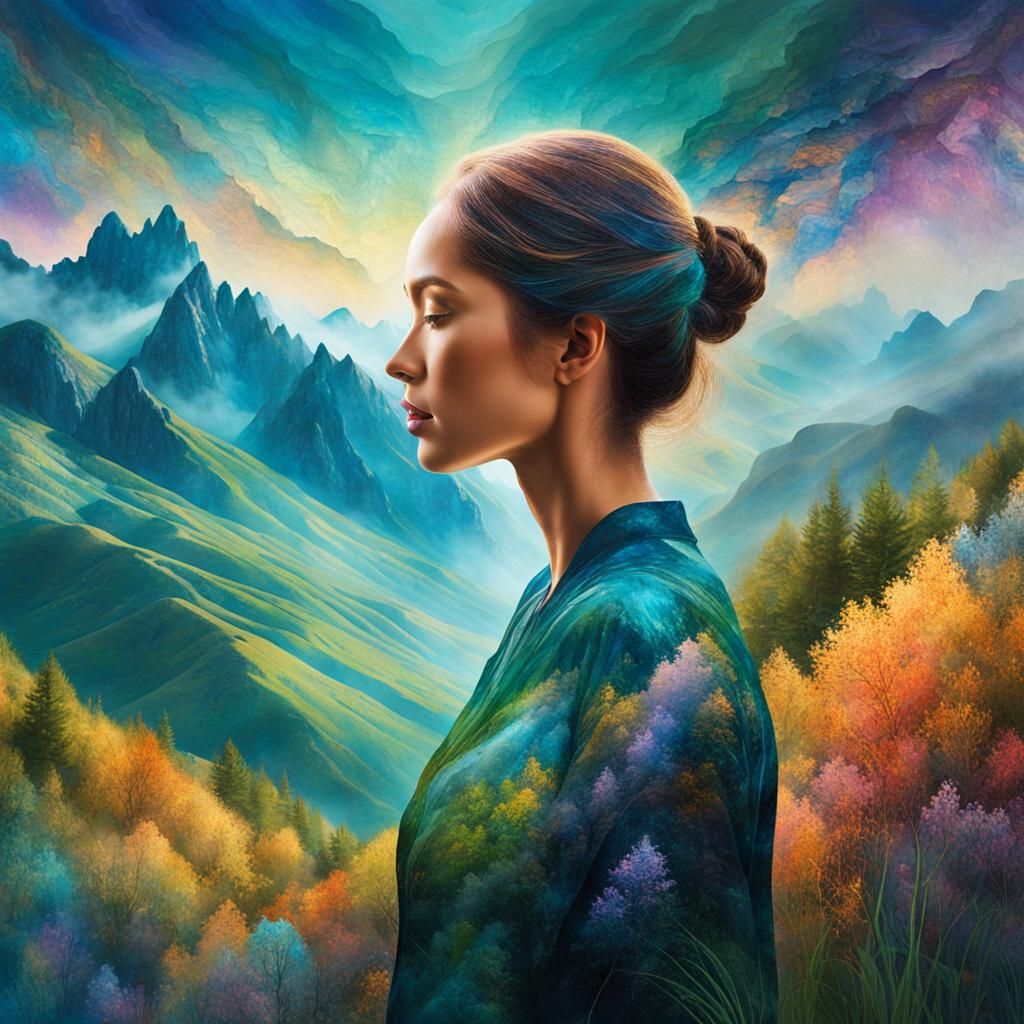 Double Exposure: Woman and Mountain Landscape