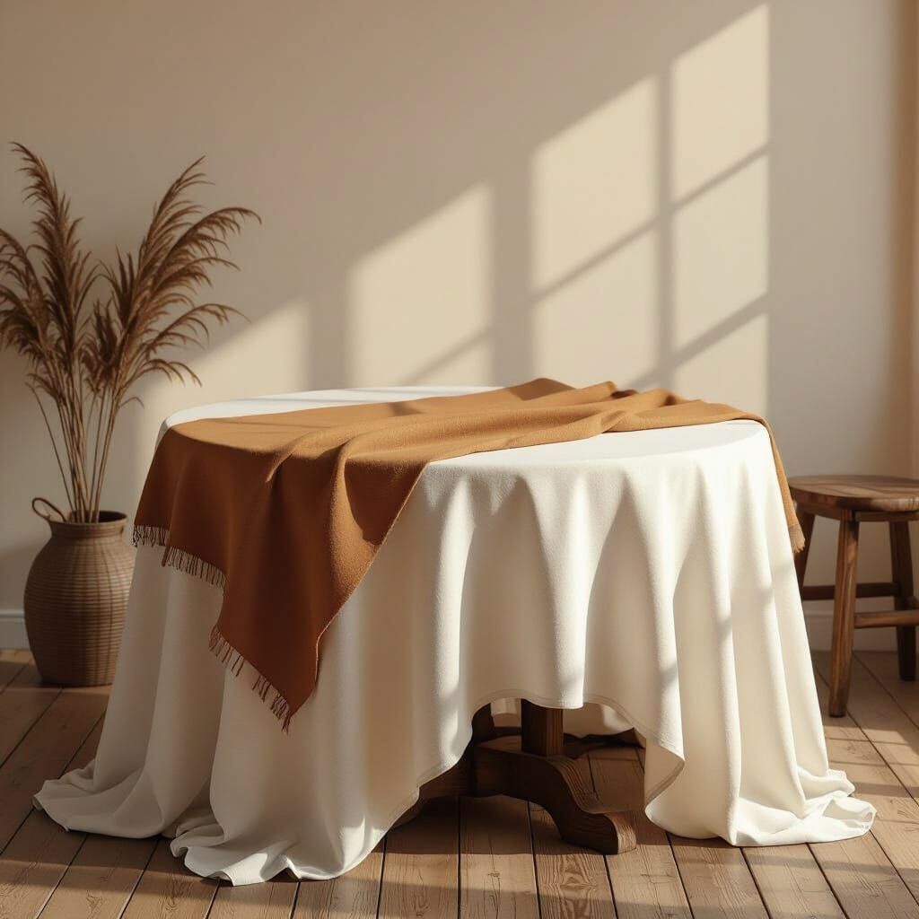 Rustic Wooden Table with Tablecloths: Digital Art