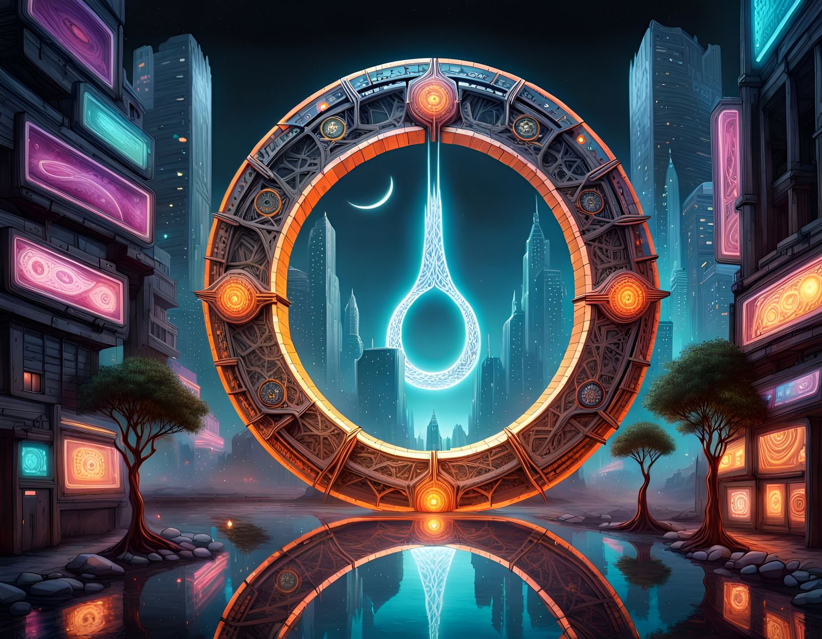 Cyberpunk Tree of Life City: Lunar Portal