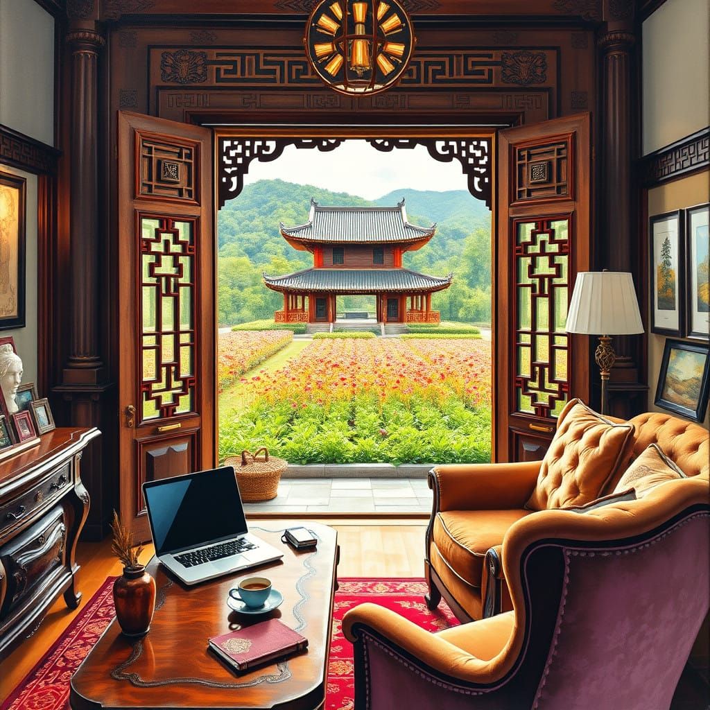 Traditional Chinese Luxury Workspace in Vibrant Gouache Styl...