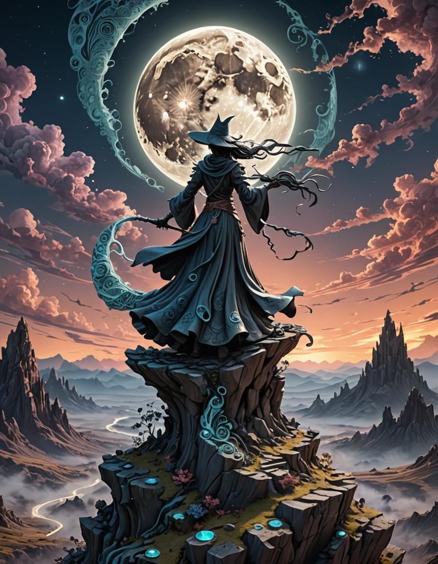 Witch Charging Moon-Staff Spell at Dusk