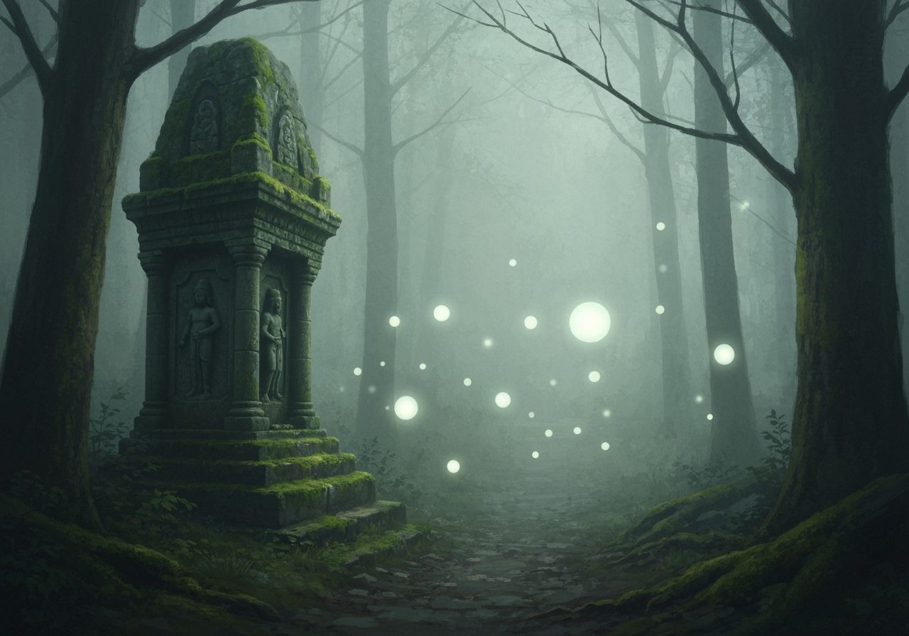 Mysterious Forest Shrine in Ethereal Mist