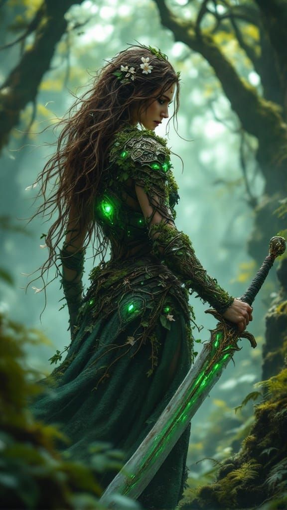 A Fierce, Nature-Embracing Warrior in a Primeval Forest