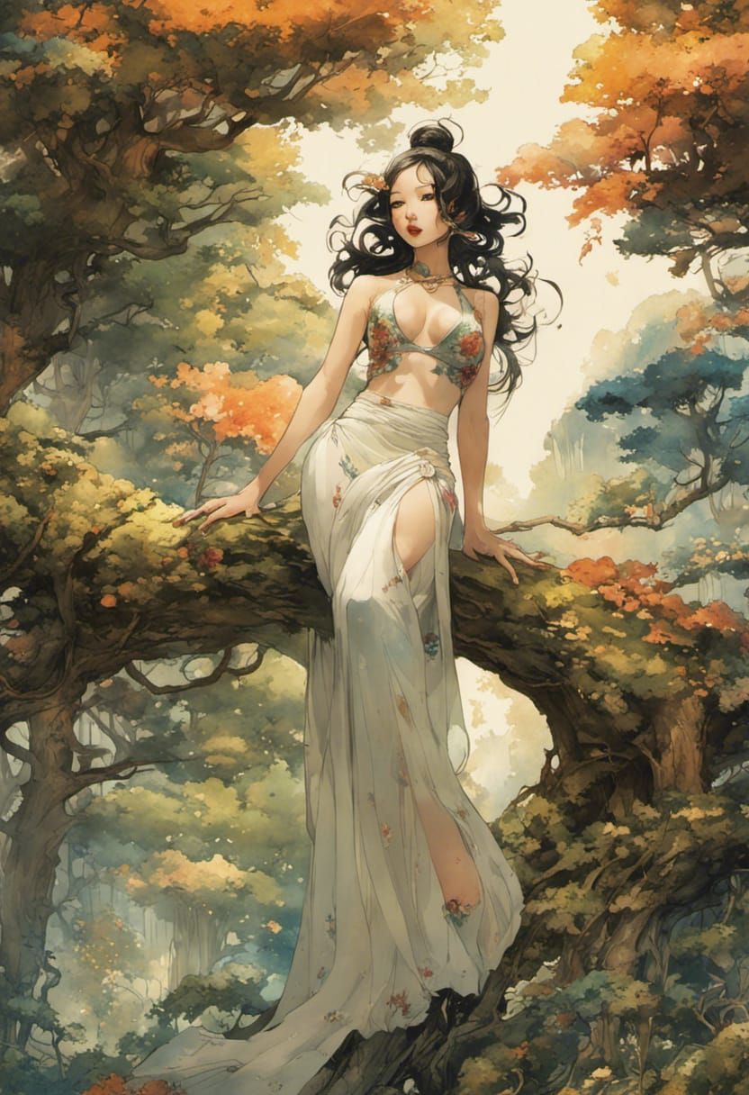 Beautiful Woman in Watercolour Dreamscape Art