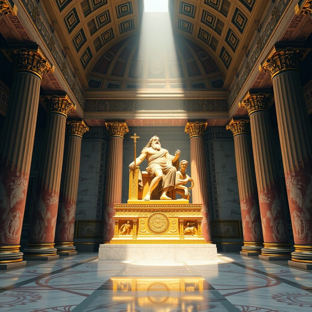 Majestic Zeus Statue in Ancient Greek Temple Grandeur