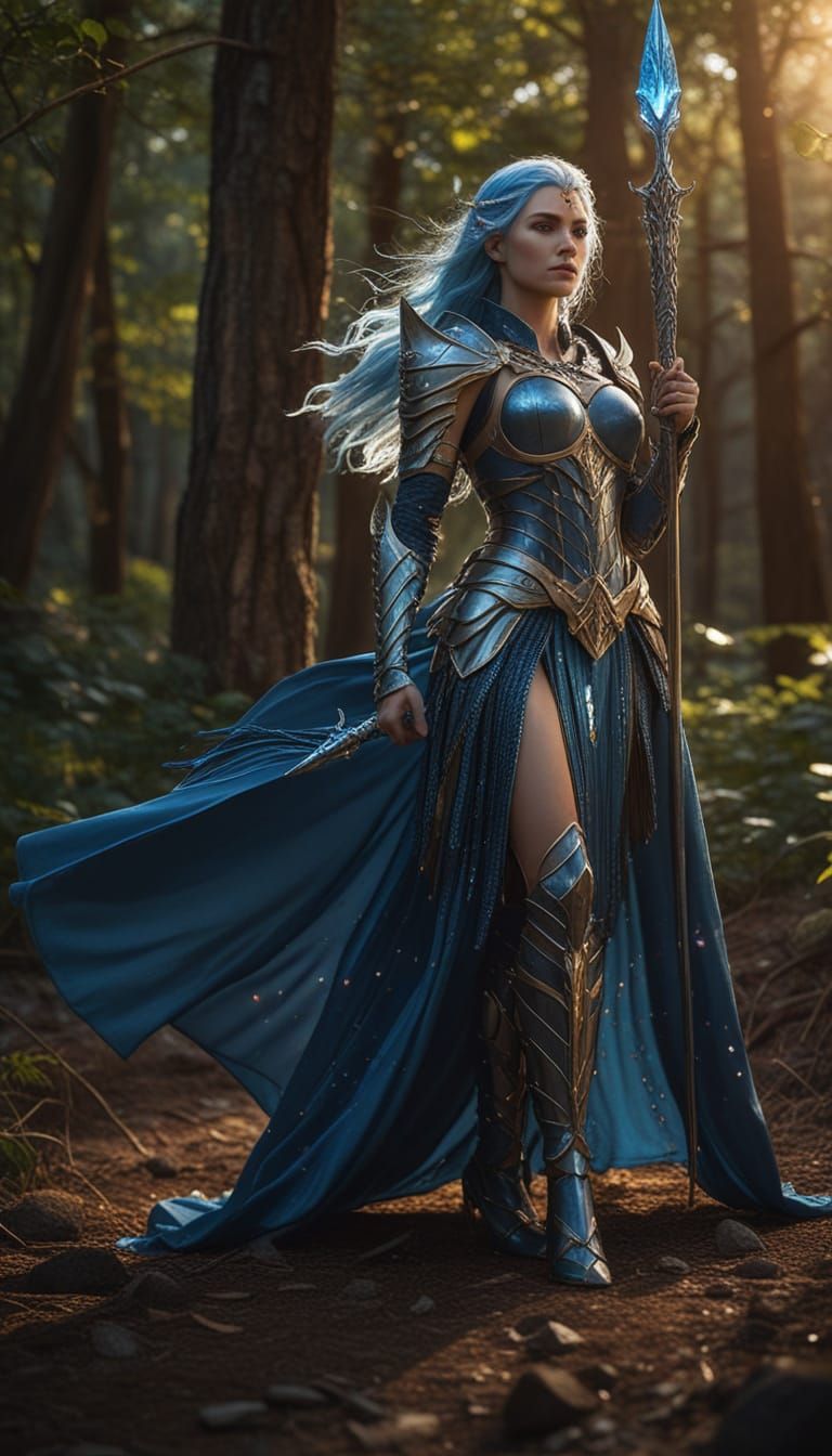 Crystalline Warrior with Glowing Spear in Digital Art