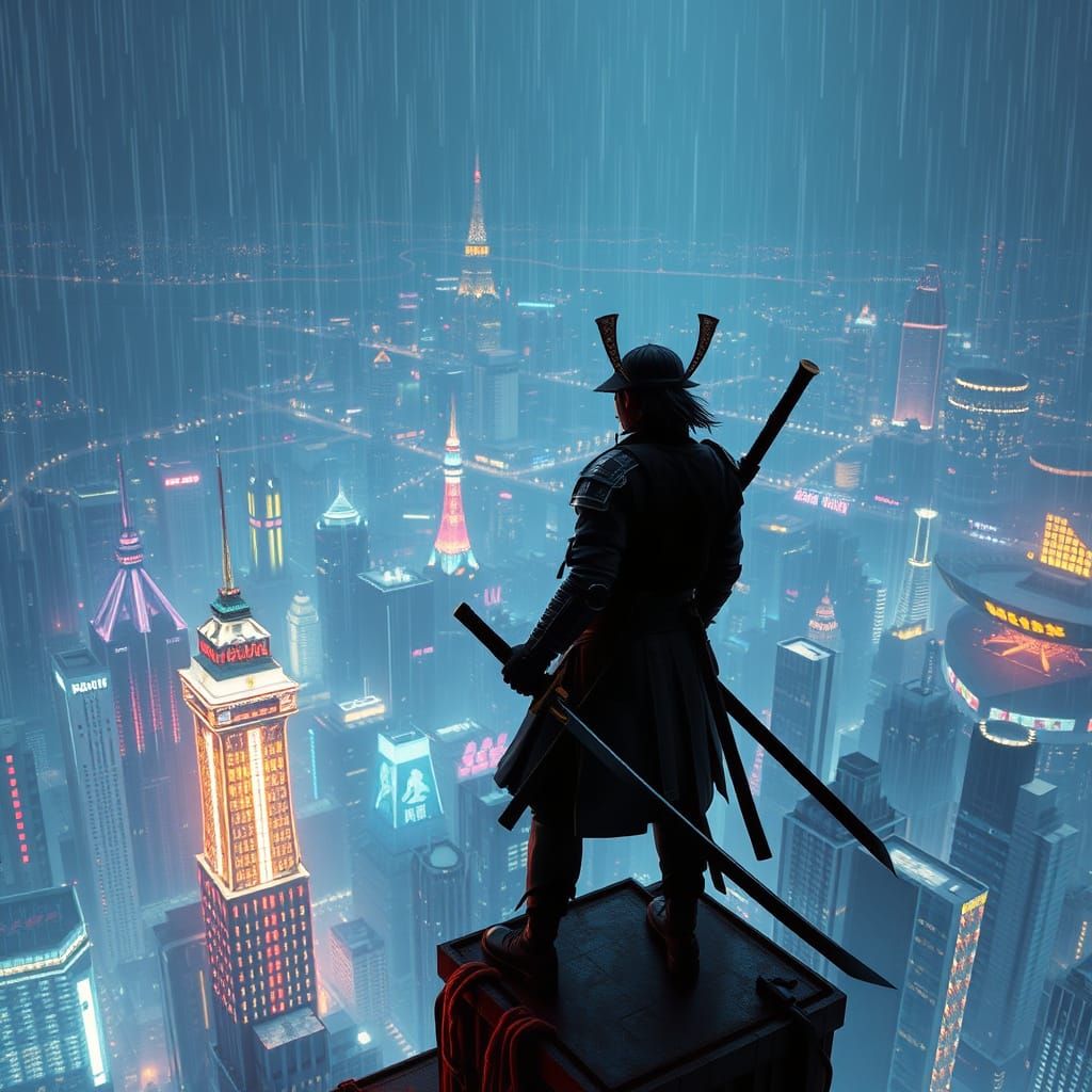 Cyberpunk Samurai Overlooks Neon Metropolis in Rainy Night