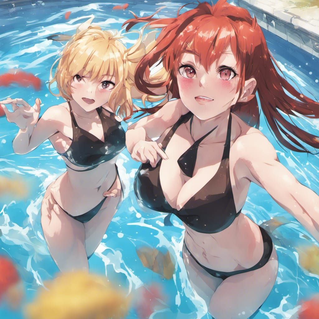 Anime-Style Girls Swimming in a Pool